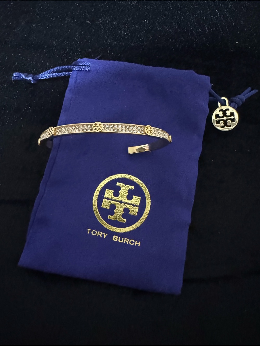 Tory Burch Gold Crystal Logo Cuff Bracelet